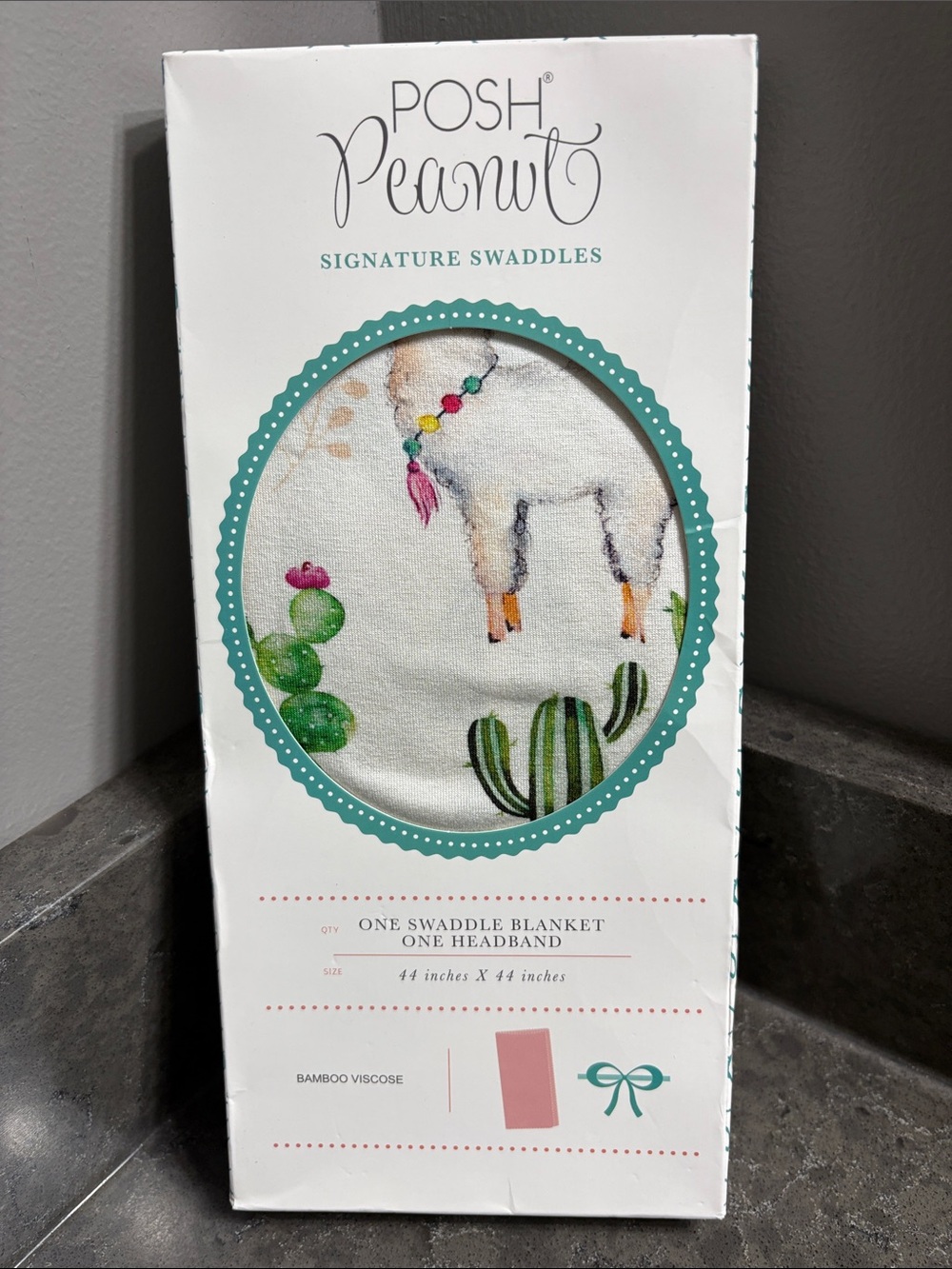 Posh Peanut White Llama & Cactus Swaddle Blanket and Headbamd